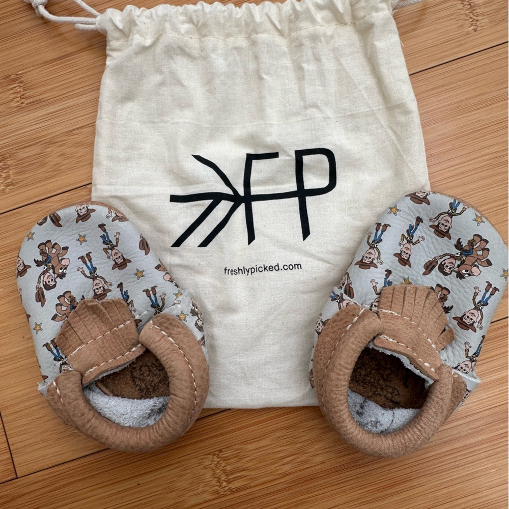 Disney Freshly Picked Brown and Gray/Sage Baby Moccasins Hard Soles Sz 3